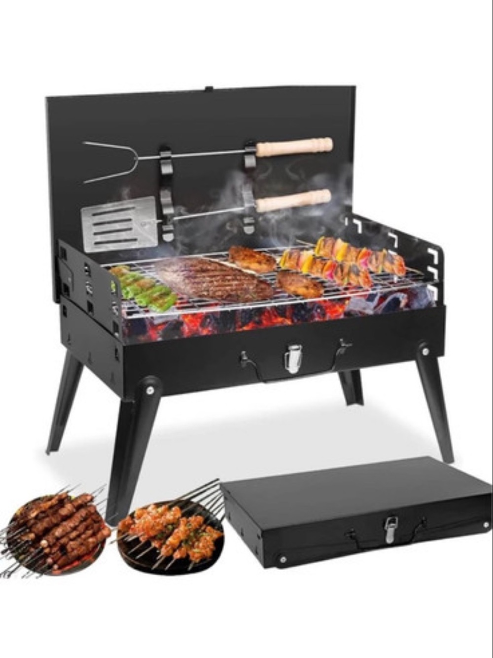 Amazon Black Portable Folding Charcoal Grill with Wooden-Handled Tools